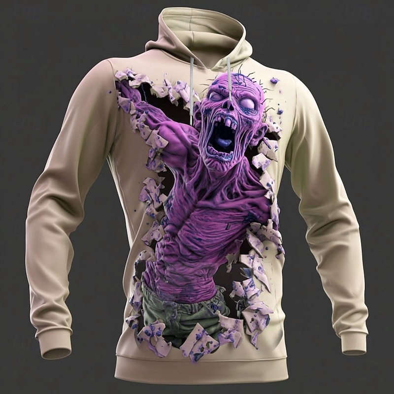 Halloween Men's Optical Illusion Zombies 3D Hoodie Sweatshirt Punk Exaggerated Crew Neck Club Streetwear Lake blue Blue Drawstring Fall Winter Designer3