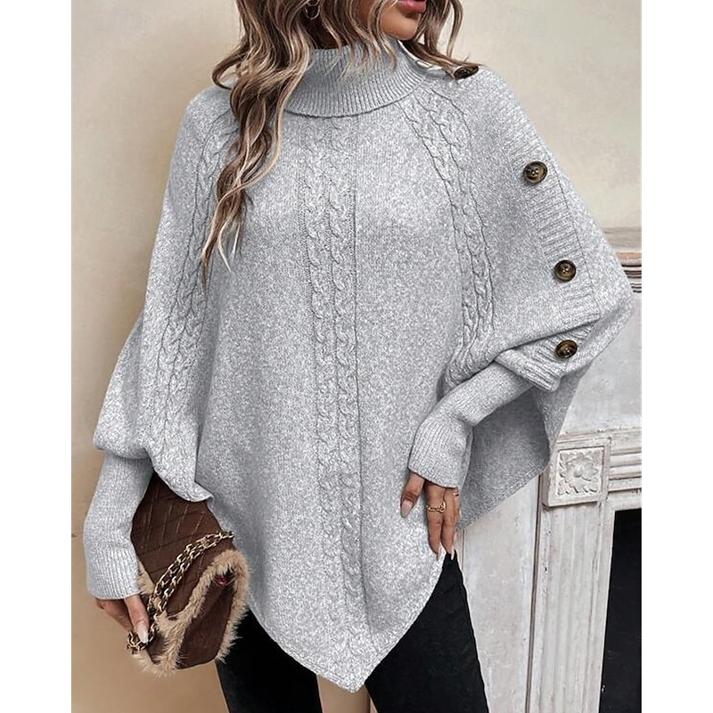 Women's Sweater Pullover Fashion Casual Pure Color Ribbed Turtleneck Buttons Knitted Asymmetric Hem Long Sleeve Regular Tops Knit Outdoor Daily Weekend Black Khaki Fall Winter