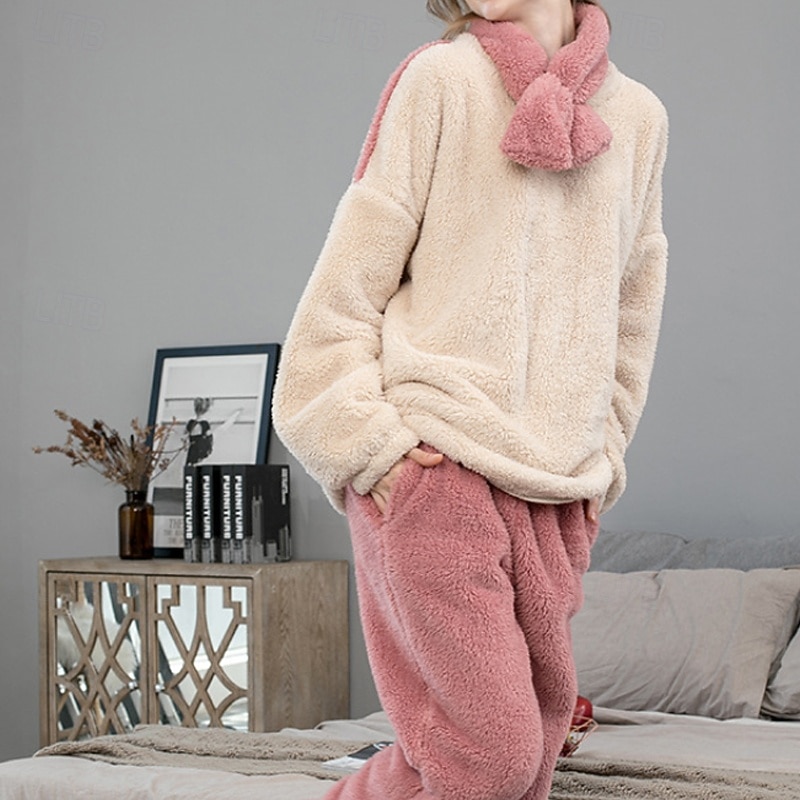 Women's Pajamas Loungewear Casual Patchwork Pure Color Patchwork Vacation Home Bed Long Sleeve Crew Neck Blue Beige Fall Winter Tailored Fit3