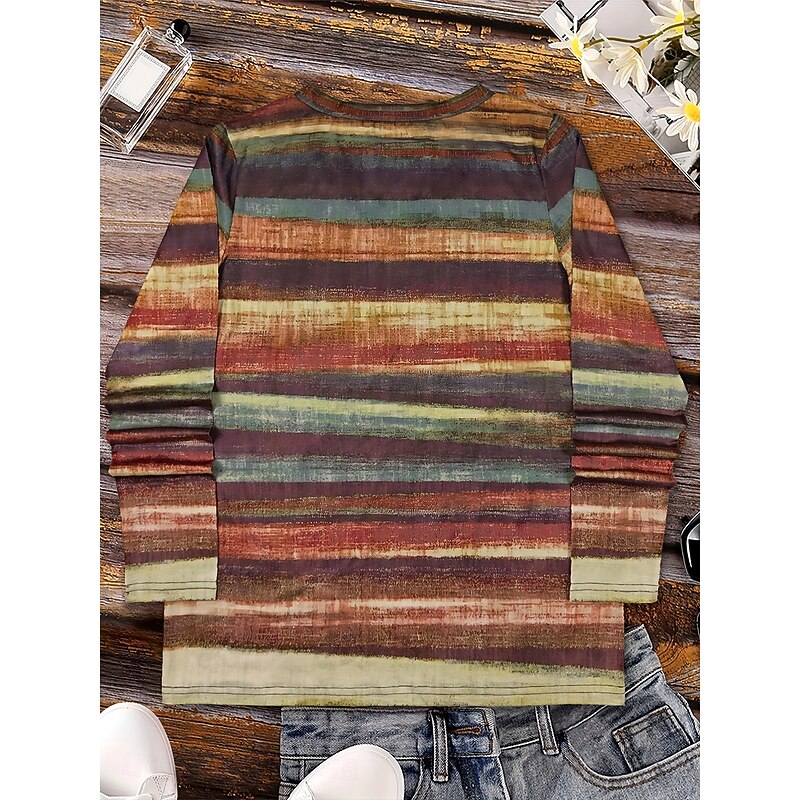 Women's T Shirt Ombre Graphic Striped Vintage Stylish Classic Long Sleeve V Neck Regular Tops Daily Print Brown Spring Fall Winter3