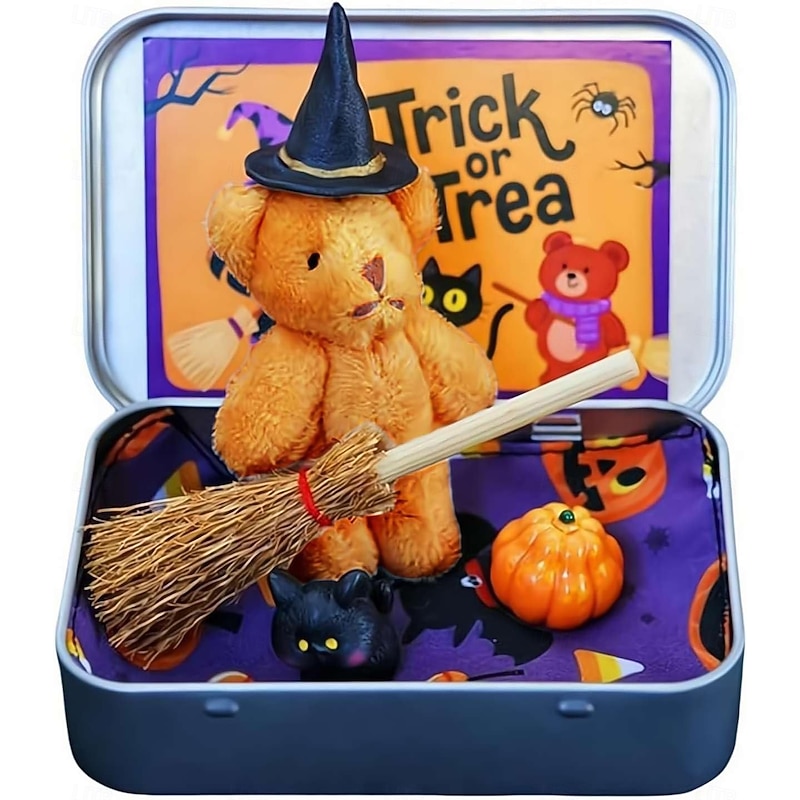 Halloween Bear in a Box for Trick or Treat,Handmade Little Witch Bear in Box,Plush Mini Teddy Bear Gift with Wizard Hat,Emotional Support Inspirational Gifts,Thoughtful Desk Accessories for Friends4