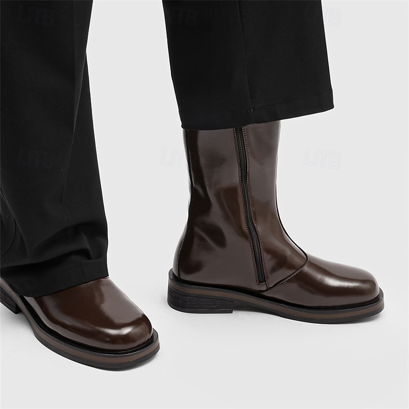 Men's Brown Faux Leather Mid-Calf Boots – Sleek Zipper Design, Classic Retro Style, Comfortable Fit for Business, Formal Events and Casual Wear4