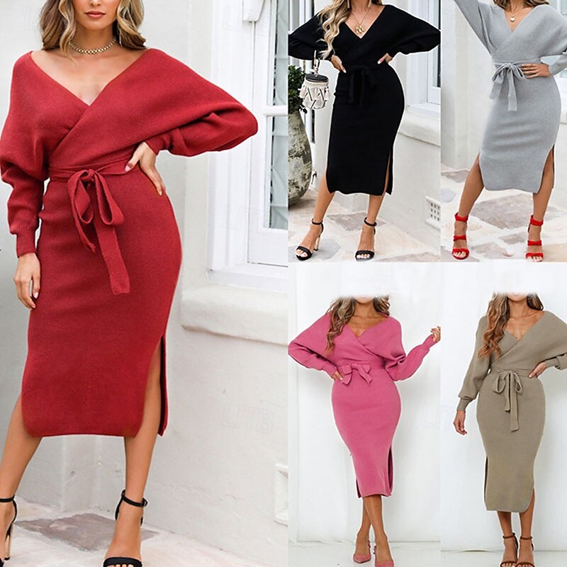 Women's Midi Dress Sweater Dress Knit Dress Elegant Fashion Modern Batwing Sleeve Vacation Daily Going out Regular Fit Plain Long Sleeve V Neck Black Red Khaki Grey Fall Winter