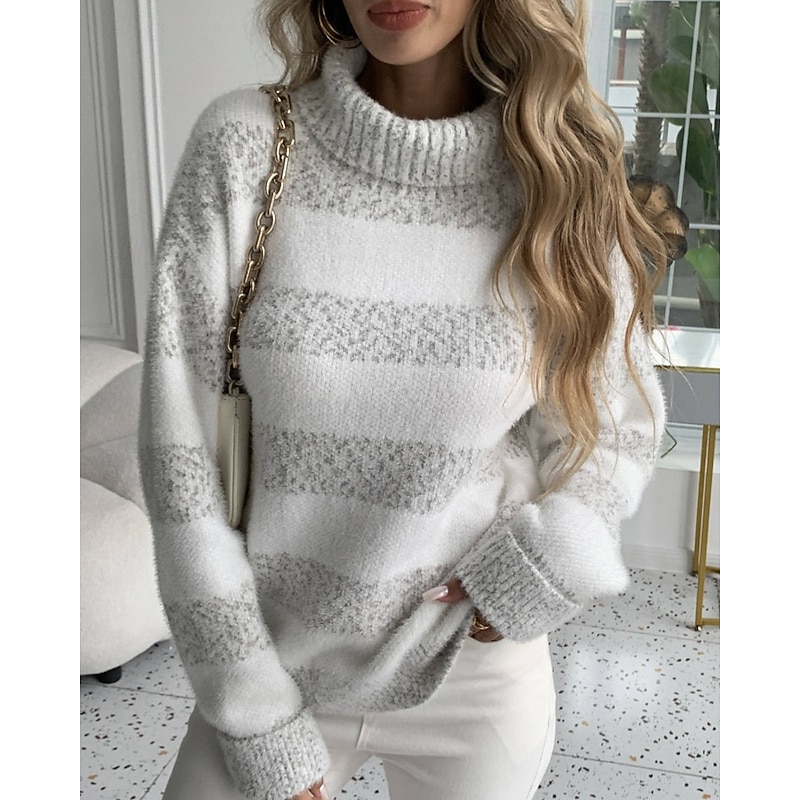Women's Sweater Pullover Casual Soft Striped Ribbed Turtleneck Knitted Long Sleeve Regular Tops Knit Daily Holiday Weekend Light Green Pink Fall2