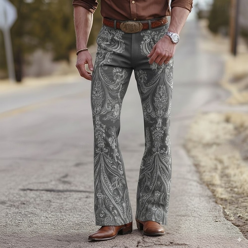 Men's Floral Print Flowers Disco Pants 60s 70s Bell Bottoms Mid Waist Western Vintage Retro Outdoor Vacation Party Side Pockets Flared Leg Pants Trousers Spring Fall 3D Print Blue Purple Beige4