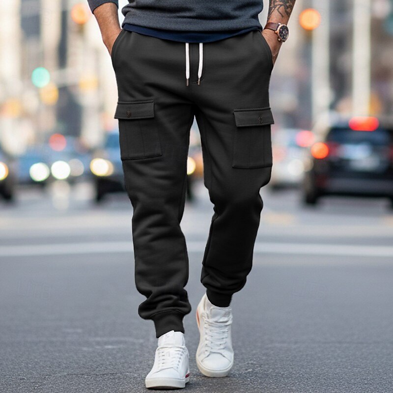 Men's Cargo Pants Sweatpants Fleece Pants Joggers Trousers Drawstring Front Pocket Plain Moisture Wicking Breathable Full Length Sports Outdoor Daily Going out Fashion Streetwear Black White3