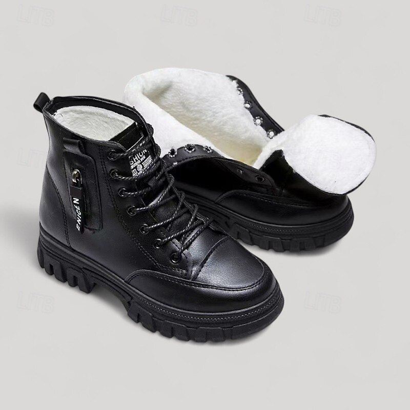Women's Black Faux Fur Lined Platform Combat Ankle Boots, Cozy & Edgy with Non - Slip Lug Sole, Ideal for Winter2