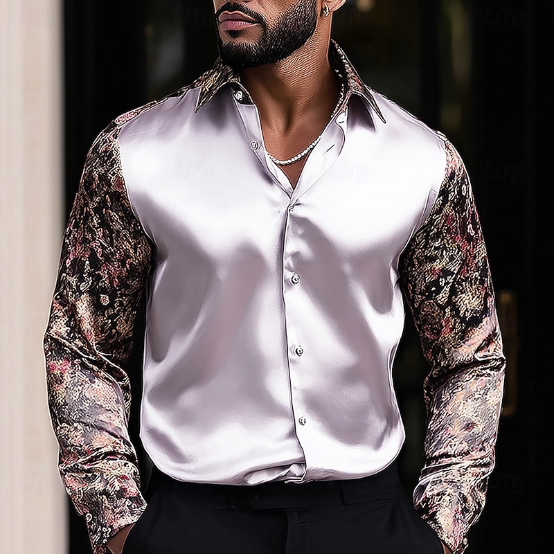 Men's Ethnic Intricate Floral Flowers Shirt Satin Shirt Dress Shirt Long Sleeve Vintage Retro Vacation Dailywear Summer Spring Fall Turndown 3D Print Button Up Shirts White 1 White White 2