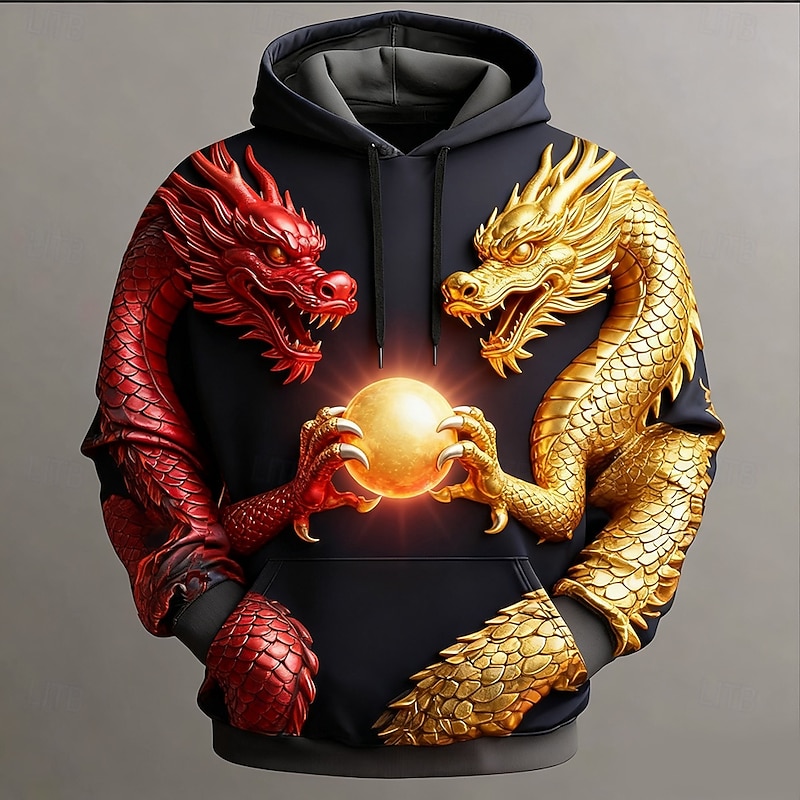 Men's Dragon 3D Print Hoodie Sweatshirt Cool Party Crew Neck Club Streetwear Black Black 2 Drawstring Fall Winter Designer
