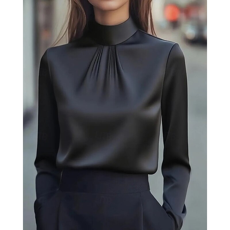 Women's Shirt Dressy Blouse Plain Elegant Stylish Long Sleeve High Neck Regular Tops Work Holiday Going out Ruched Black White Purple Khaki Spring Fall3