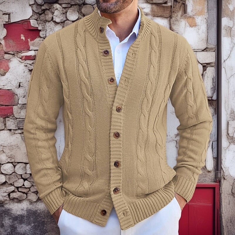 Men's Sweater Cardigan Sweater Ribbed Cable Knit Regular Tops Knitted Plain High Neck Vacation Fashion Casual Daily Wear Clothing Apparel Fall Spring &  Fall khaki Gray M L XL