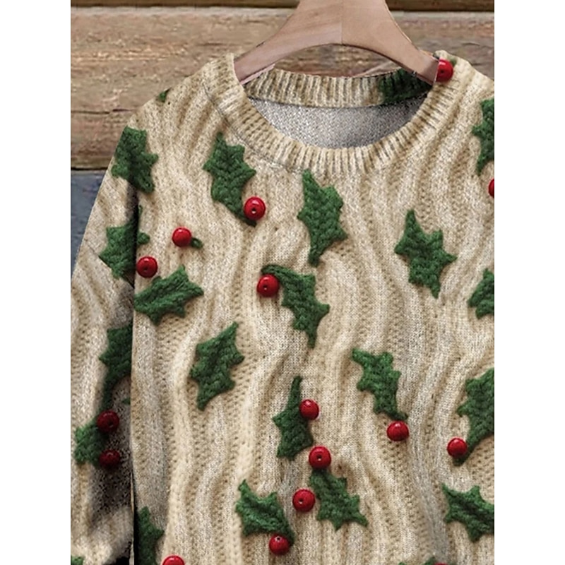 Women's Sweater Pullover Daily Casual Floral Graphic Ribbed Crew Neck Knitted Print Long Sleeve Regular Tops Knit Outdoor Weekend Green Fall Winter2