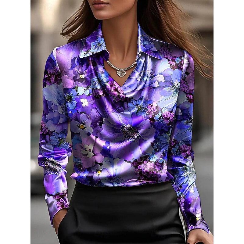 Women's Shirt Floral Graphic Elegant Daily Long Sleeve Cowl Neck Regular Tops Work Daily Evening Party Draped Black Blue Purple Green Summer Spring Fall Winter
