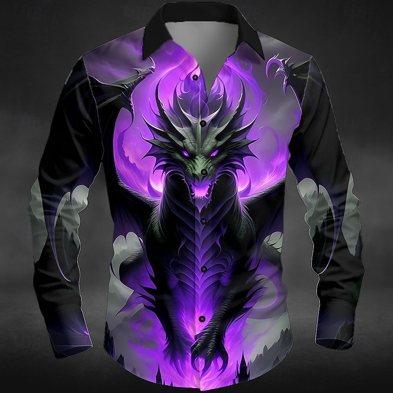 Halloween Men's Dragon Hellfire Flames Devil Shirt Button Up Shirt Long Sleeve Dark Gothic Style Holiday Streetwear Spring Fall Turndown 3D Print Collared Shirts Black / Green Black / Purple Black3