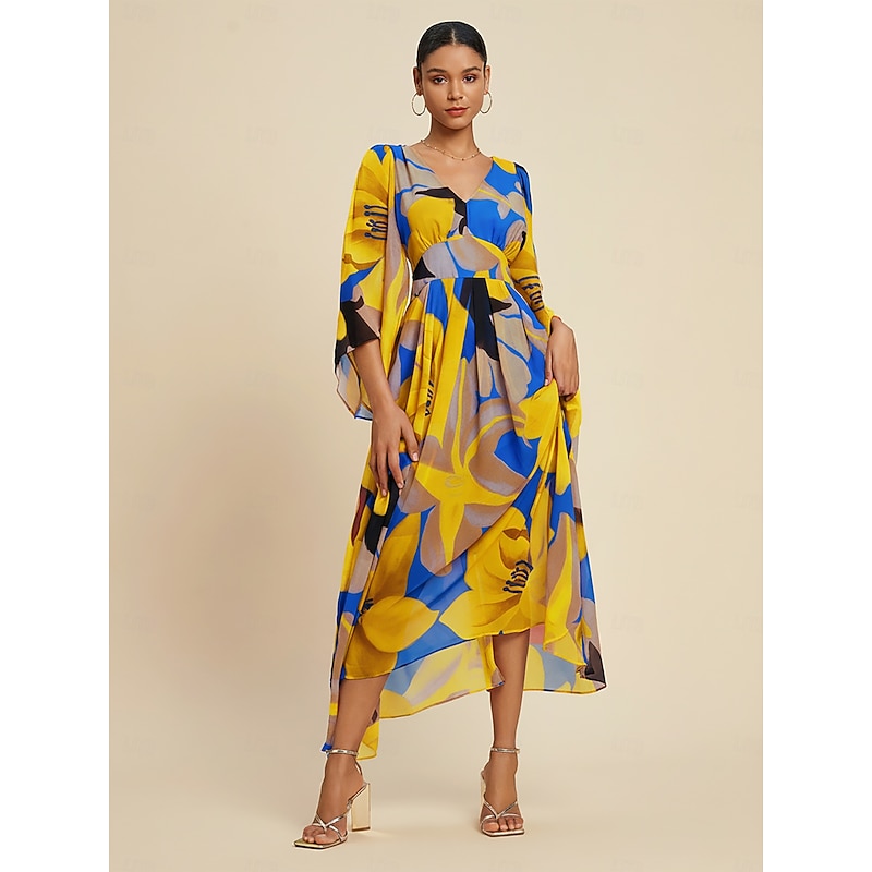 Women's Maxi Dress Chiffon Abstract Floral Print Sheer Flowing Casual Vacation Travel Resort Spring Summer Fall2