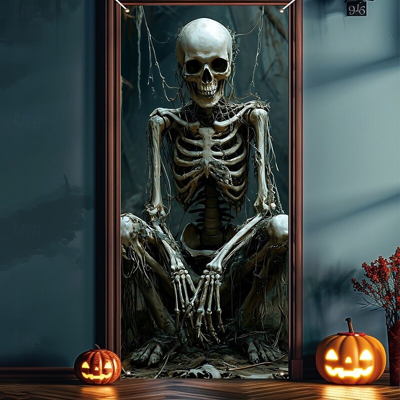Halloween Door Covers Skull Bonfire and Dead Tree Tapestry Door Curtain Decoration, Spooky Horror Backdrop Door Banner for Front Door Indoor Outdoor Haunted House Party Decor