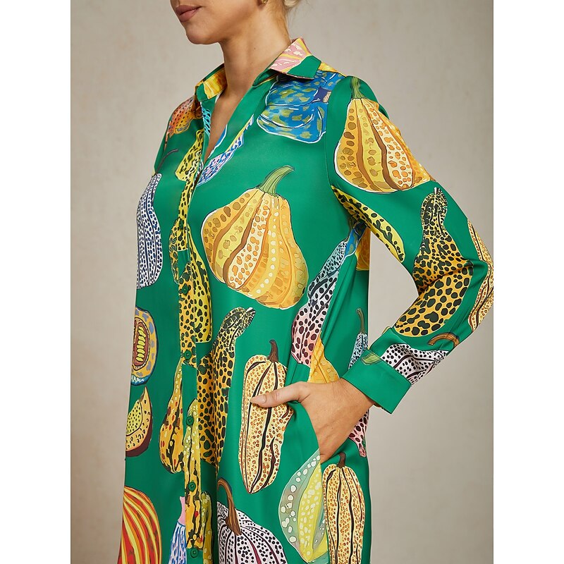 Women's Green Pumpkin Print Shirt Dress V Neck Loose Fit Asymmetrical Hem Split Design Bold Stylish Fashion Forward Daily Work Party Fall3