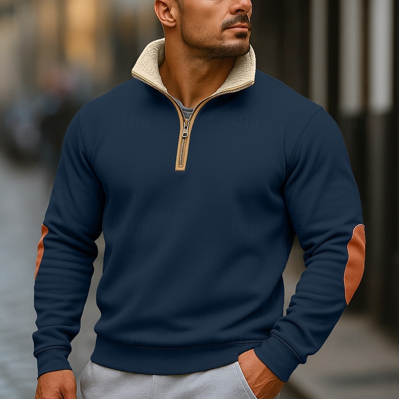 Men's Hoodie Quarter Zip Hoodie Fleece Hoodie Fleece lined Hoodie Black Navy Blue Khaki Light Grey Dark Gray Hooded Plain Patchwork Color Block Sports & Outdoor Casual Daily Streetwear Cool Sportswear2