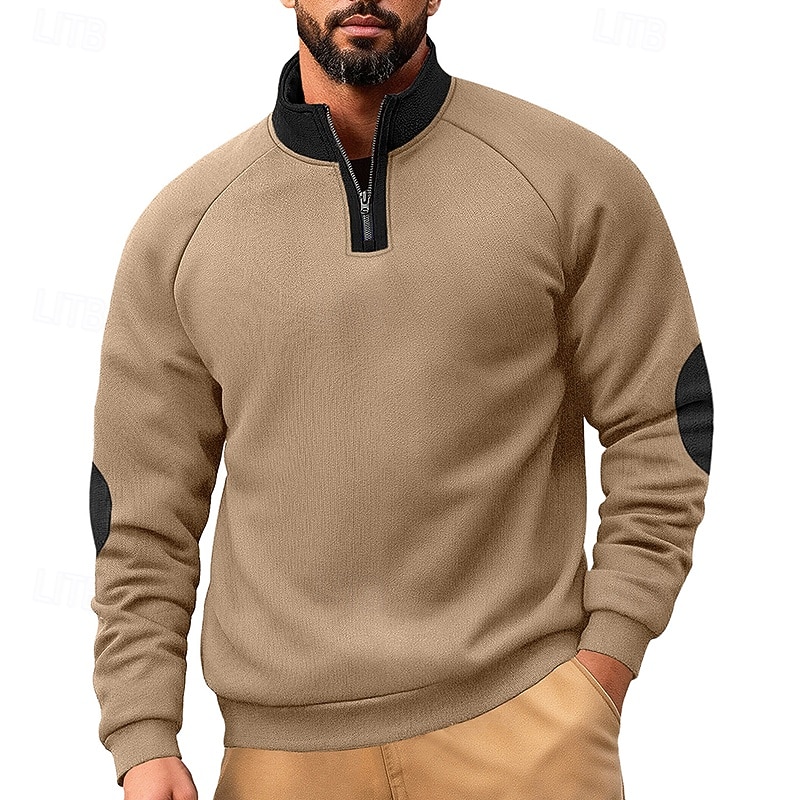 Men's Sweatshirt Pullover Quarter Zip Sweatshirt Black Navy Blue Khaki Light Grey Dark Gray Standing Collar Plain Patchwork Color Block Sports & Outdoor Casual Daily Streetwear Cool Sportswear Spring4