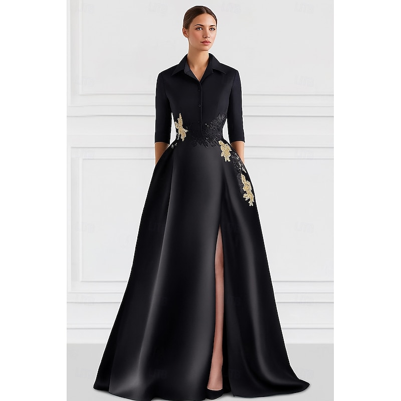 Black Tie A-Line Mother of the Bride Dress Wedding Elegant Shirt Collar Floor Length Satin Half Sleeve with Split Front