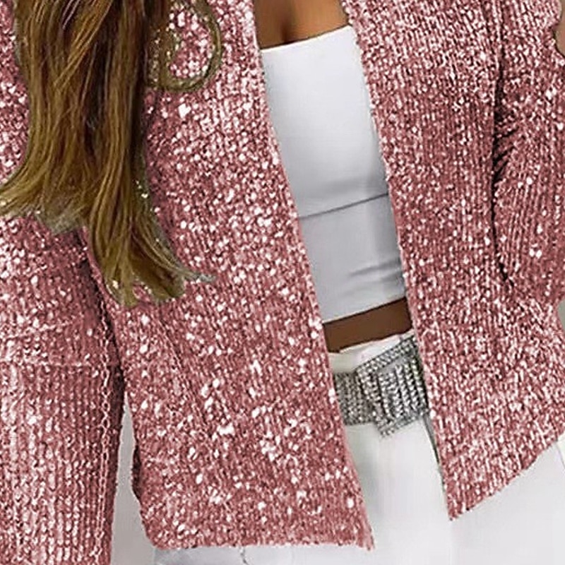 Women's Casual Jacket Comfortable Breathable Sequin Fashion Daily Plain Outdoor Casual Daily Cardigan Short Collarless Regular Fit Long Sleeve Outerwear Pink Spring Fall3