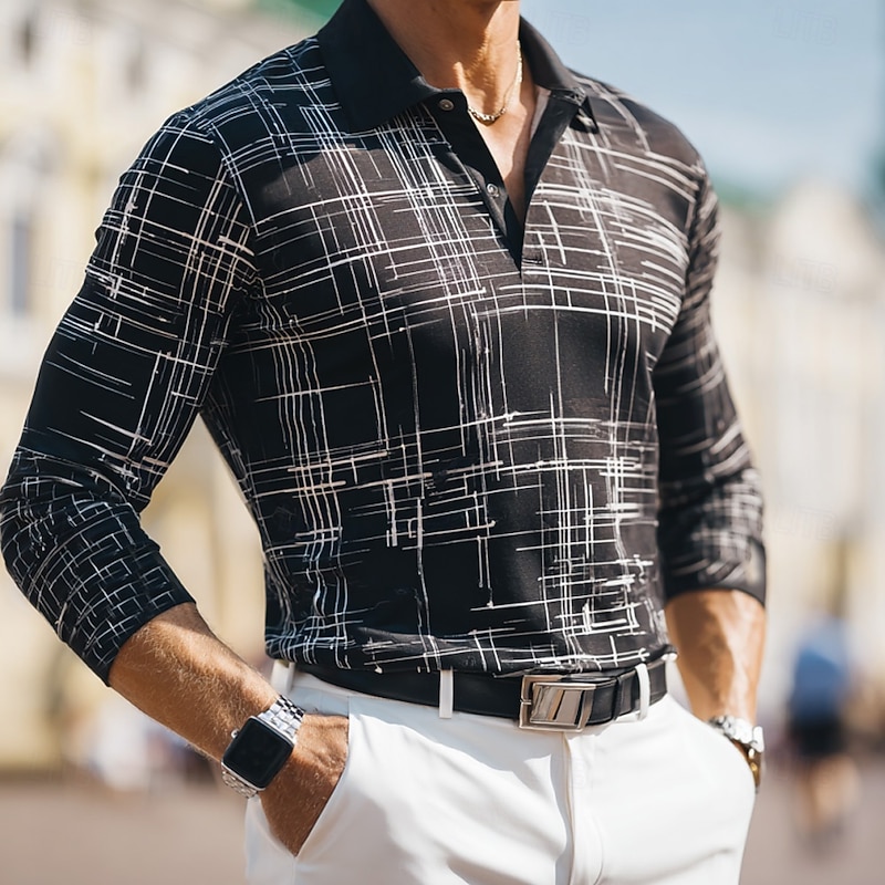 Men's Geometic Polo Long Sleeve Polo Shirts Lapel Business Casual Outdoor Street Athleisure Daily Wear 3D Print Buttons Spring Fall Winter Black Blue Purple2