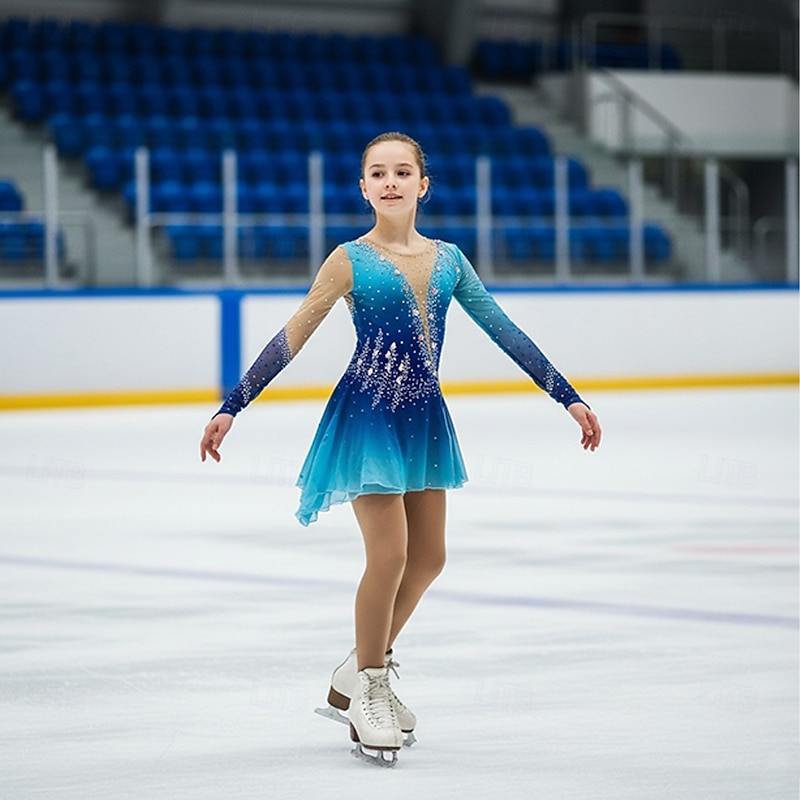 Figure Skating Dress Women's Girls' Ice Skating Dress Royal Blue Patchwork Thumbhole Stretchy Training Practice Professional Skating Wear Crystal / Rhinestone Long Sleeve Ice Skating Figure Skating