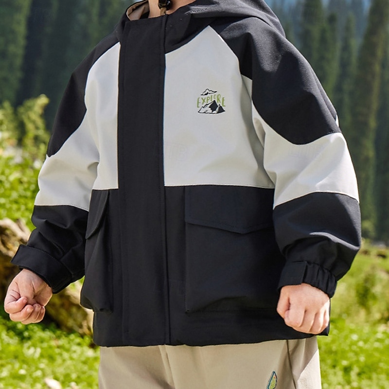 Kids Boys' Hiking Jacket Outdoor Jacket Outerwear Color Block Long Sleeve Zipper Pocket Comfort Waterproof Windproof Coat Outdoor Fashion Daily Black Spring Fall 4 years+3