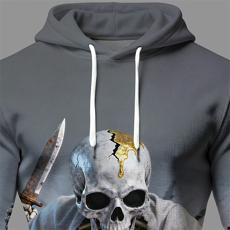 Halloween Men's Skull Hoodie Fashion Daily Hooded Vacation Party Streetwear Gray Drawstring Pocket Printing Fall Winter Designer2