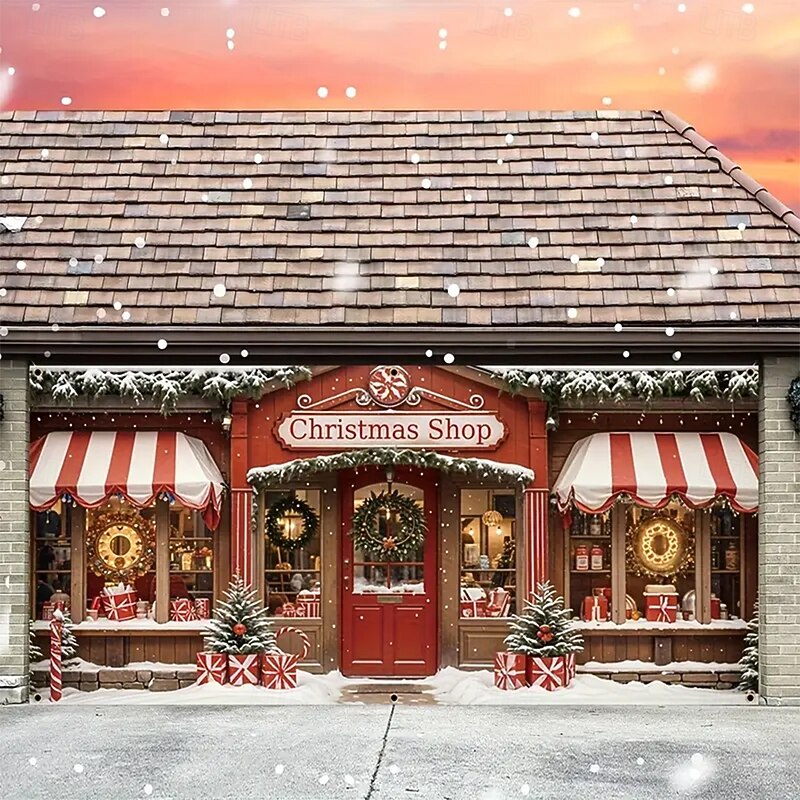 Christmas Garage Door Cover Large Hanging Backdrop Christmas Shop Gift Cute 3D Party Outdoor Holiday Shooting Backgrounds Yard Home Decor3