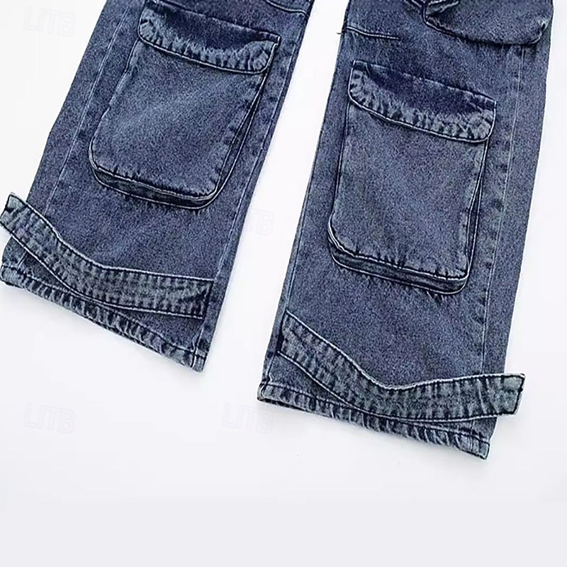 Women's Jeans Culottes Wide Leg Wide Leg Vacation Vintage Fashion Full Length Medium Waist Plain Wide Leg Buckle Multi Pocket Comfortable Inelastic Micro-elastic Outdoor Vacation Daily Blue4