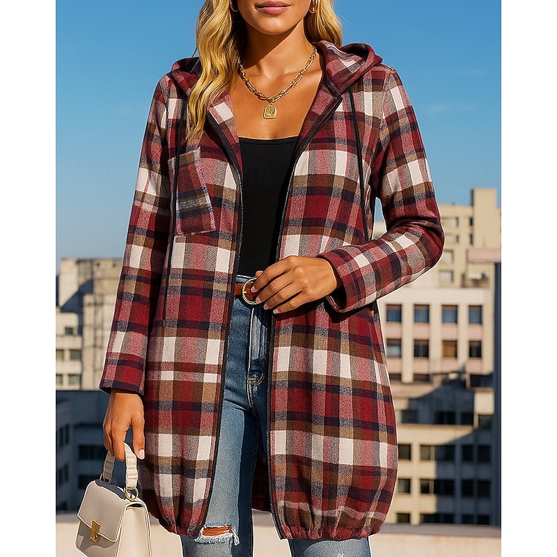 Women's Hoodie Jacket Zip Up Coat with Pockets Long Sleeve Top Athleisure Fall Plaid Checkered Windproof Hiking Outdoor Travel Sportswear Activewear Red Green Khaki