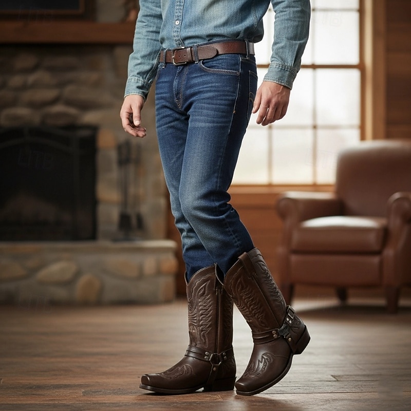 Men's Women Boots Cowboy Boots Walking Classic Casual Outdoor Daily PU Waterproof Comfortable Mid-Calf Boots Loafer Black Dark Red Blue Fall Winter2