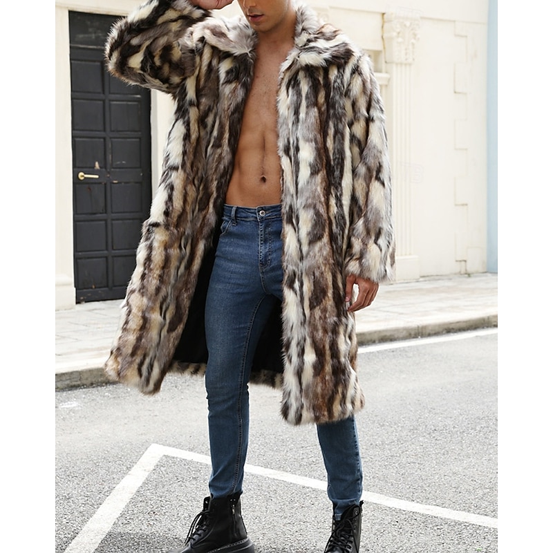 Men's Casual Jacket Faux Fur Coat Vacation Daily Thermal Warm Plush Fall Winter Color Block Fashion Streetwear Lapel Long Brown Jacket2