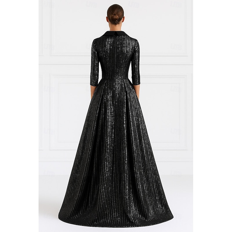 Black Blazer Tuxedo Dress Sequin A-Line Formal Wedding Wedding Guest Elegant Vintage 3/4 Length Sleeve Floor Length Notched Lapels Zipper2