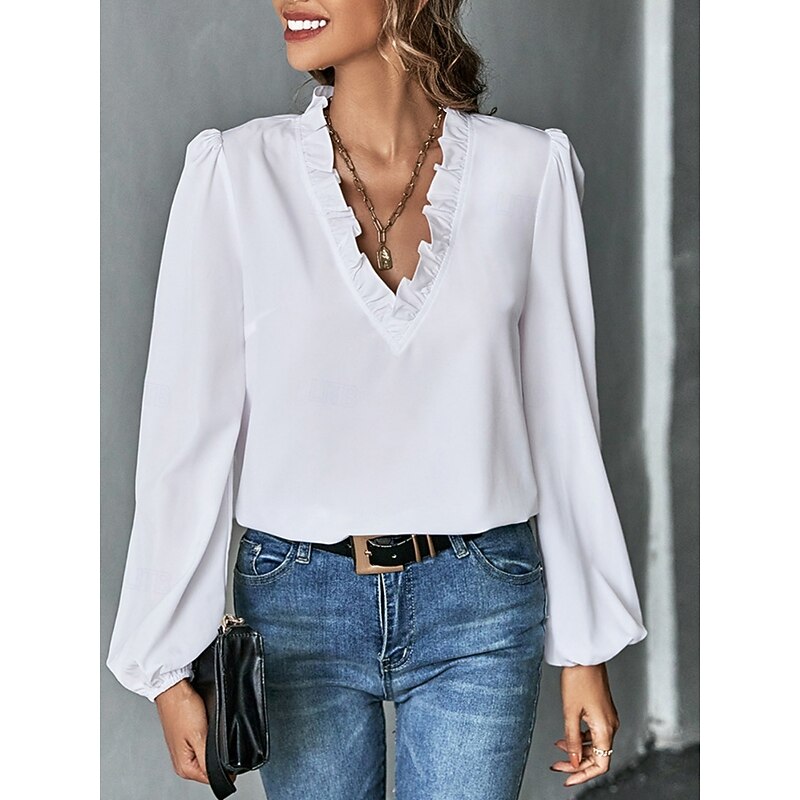 Women's Shirt Solid Color Stylish Casual Long Sleeve V Neck Regular Tops Daily Ruffle Black White Spring Fall Winter
