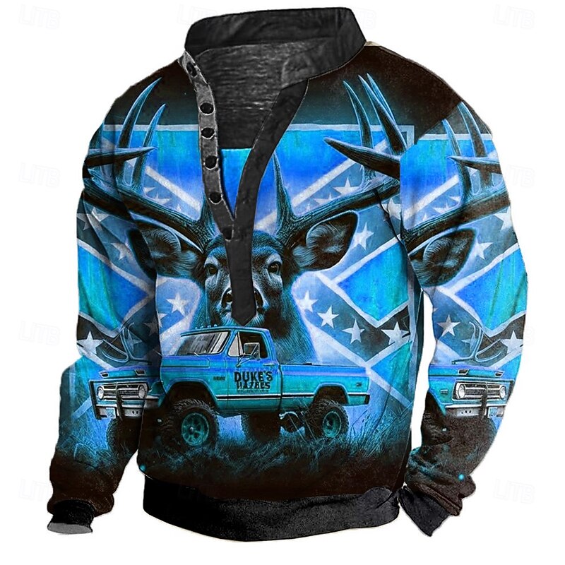 Men's Deer Sweatshirt Hunting High Neck Gift Travel Streetwear Blue Orange Button Front Fall Winter Designer2