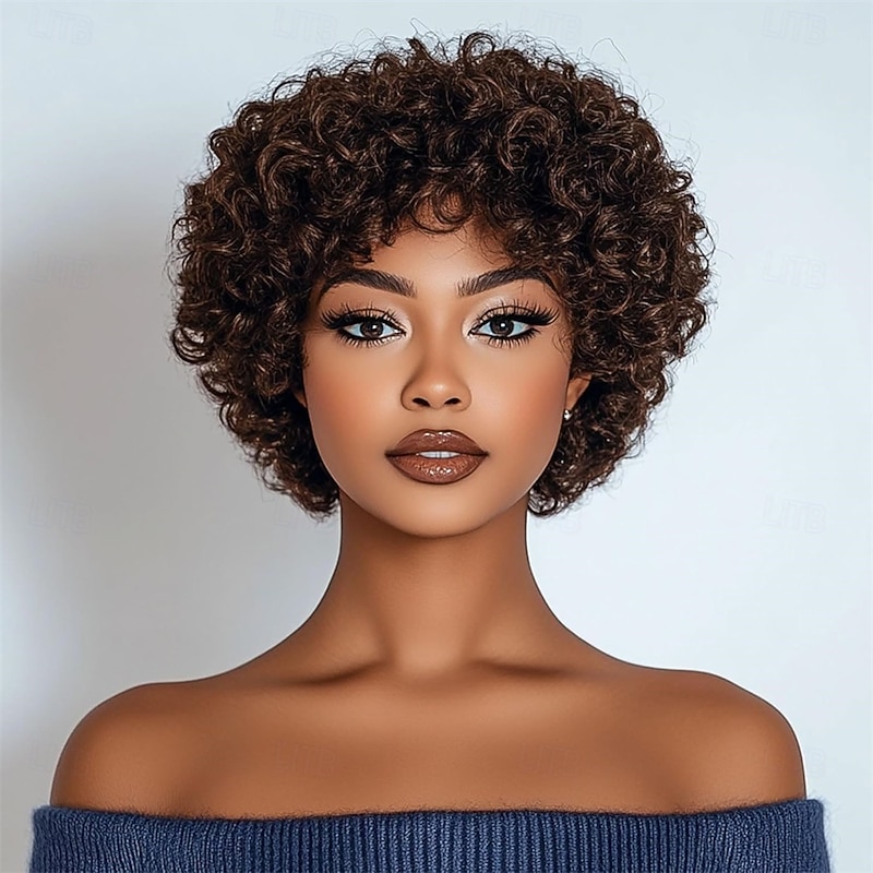 Short curly wigs 100% human hair wigs for black women human hair wig with bangs glueless machine made no lace light and comfortable