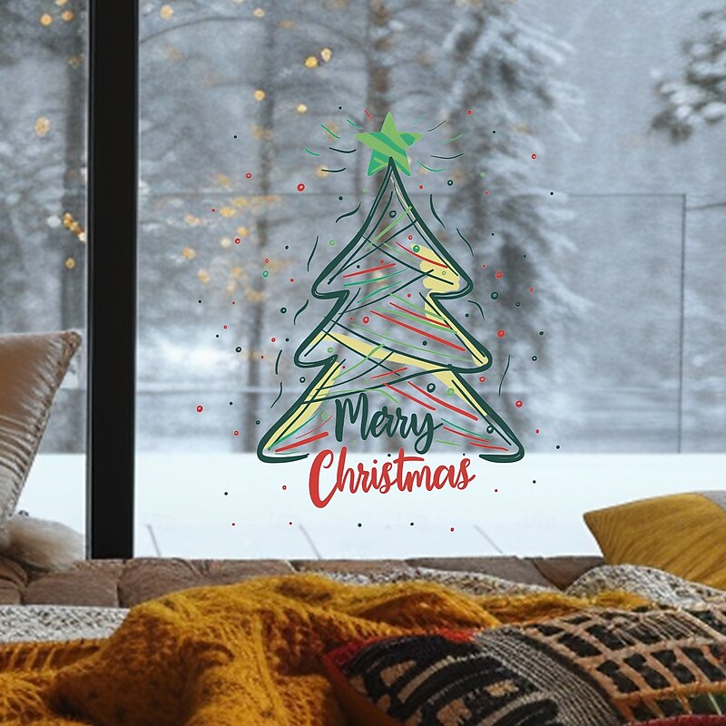 Christmas Sticker Wall Decals Painted Line Christmas Tree Removable Vinyl Mural Holiday Party Living Room Dining Room Glass Window Door Background Decoration For Home Festival Atmosphere