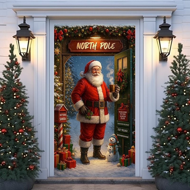 Christmas Door Cover, Vintage Santa with North Pole Sign Door Curtain, Retro 2025 Xmas Entrance Banner for Holiday Party, Porch and Home Decoration