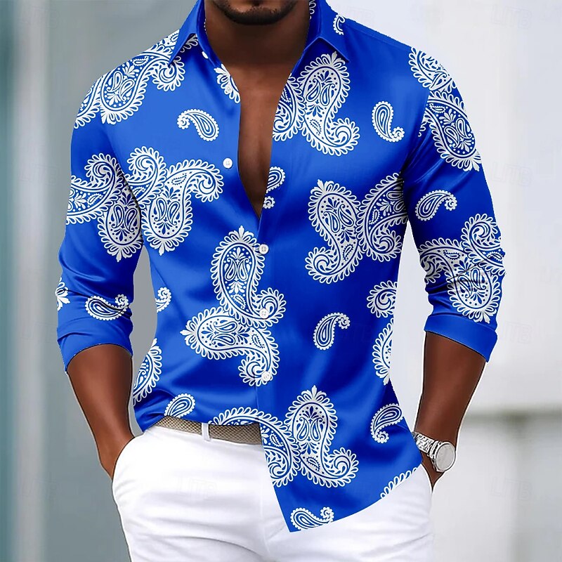 Men's Paisley Floral Print Ethnic Shirt Satin Shirt Dress Shirt Long Sleeve Vintage Retro Vacation Dailywear Summer Spring Fall Turndown 3D Print Button Up Shirts White Yellow Blue Light Blue