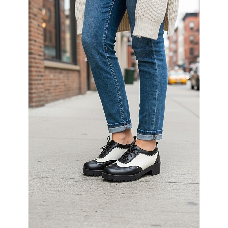 Women's 1950s Vintage Black and White Oxford Brogue Shoes with Lace-Up Design and Low Block Heel - Retro Oktoberfest Footwear for Casual Wear, Work and Cosplay Outfits3