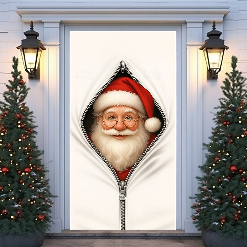 Christmas Door Cover, Funny Peeking Santa Face Door Curtain, Festive 2025 Xmas Entrance Banner for Holiday Party, Indoor Outdoor Porch Decoration3