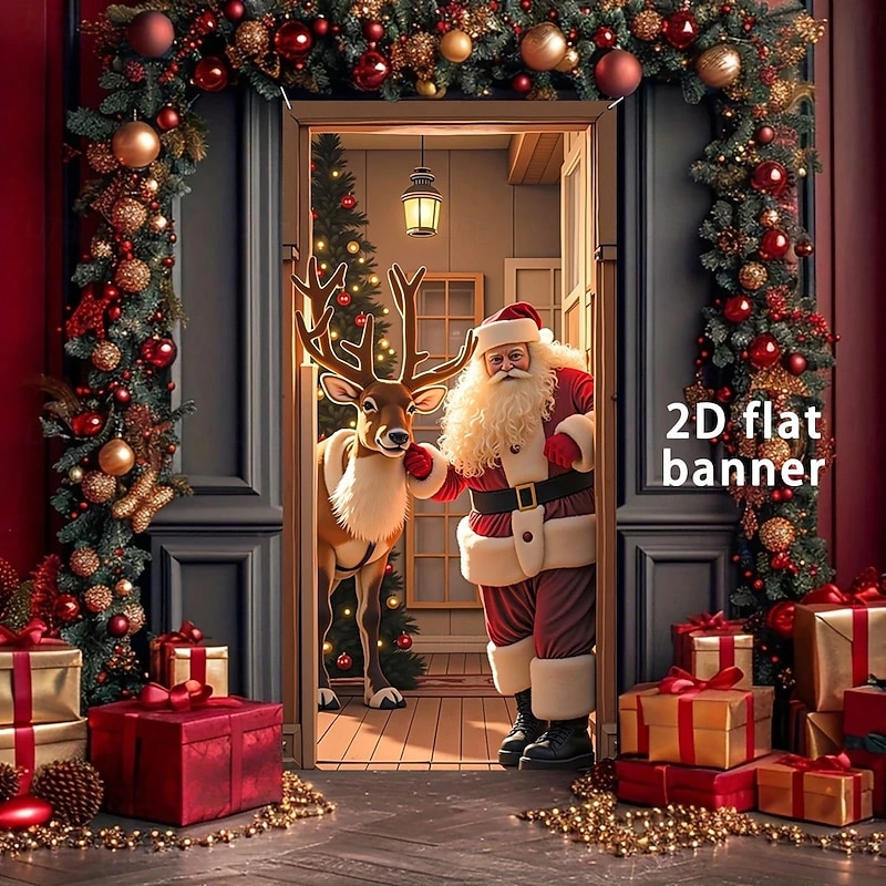 Christmas Door Cover Winter Holiday Decoration Drapes with Santa Claus Reindeer Christmas Tree Print for Cozy Indoor Home Entryway Living Room Bedroom Wall Hanging Festive Home Decor4