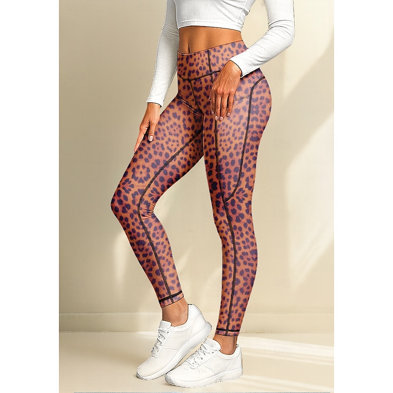Women's pilates leggings fitness pants Gym Leggings Pockets Stamp Duty Side Pockets Pilates Gym Gym Workout Pants Tights Leggings Animal Patterned Leopard Print Pink Sports Activewear Stretchy Tight2
