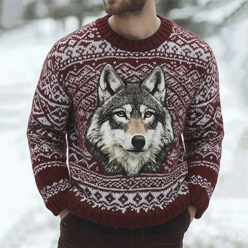 Men's Wolf Fair isle Sweater Pullover Sweater Jumper Knitwear Crewneck Casual Vacation Daily 3D Print Keep Warm Long Sleeve Spring Fall Winter Blue Purple Brown4