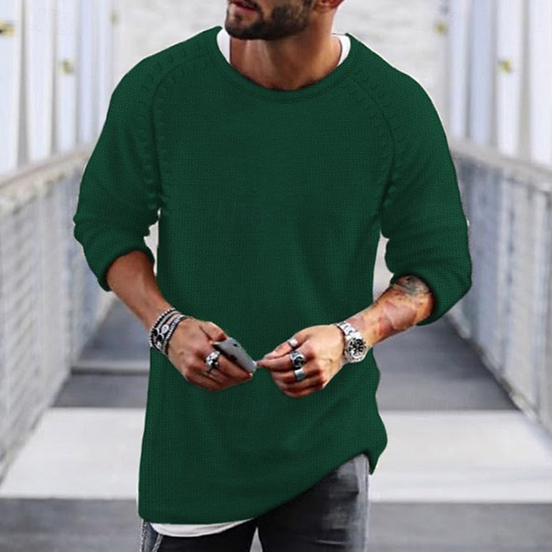 Men's Sweater Pullover Knit Regular Solid Colored Crew Neck Sweaters Daily Clothing Apparel Raglan Sleeves Winter Green Black M L XL2