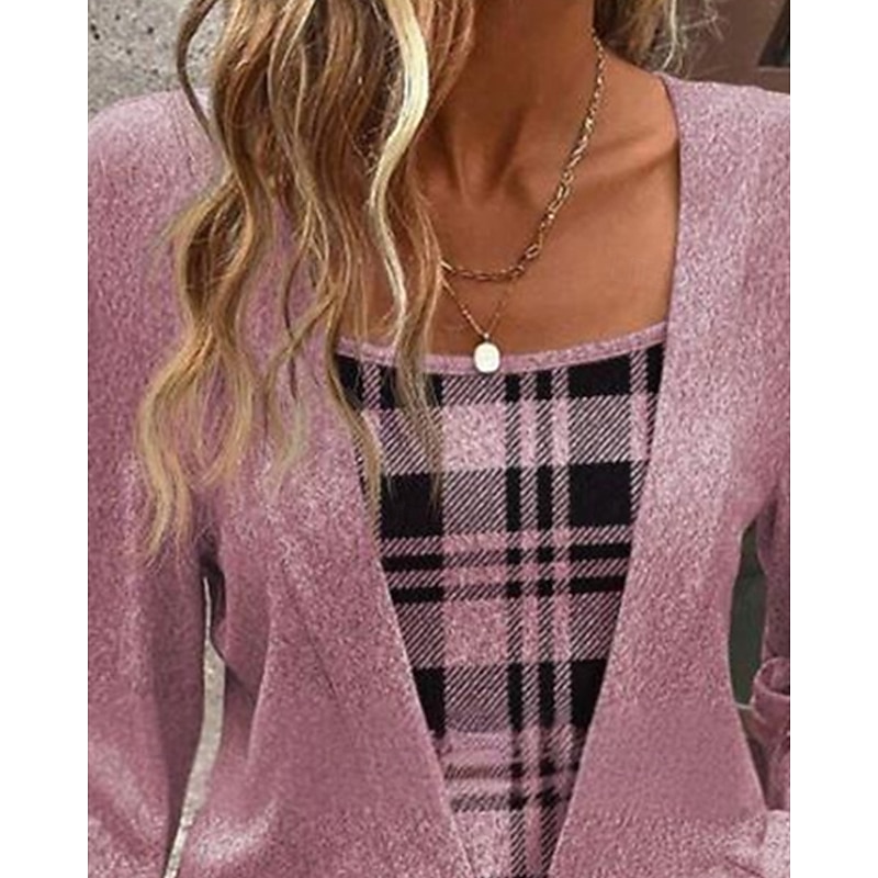 Women's Shirt Blouse Plaid Stylish Basic Casual Long Sleeve Square Neck Regular Tops Daily Holiday Print Pink Spring Fall Winter2