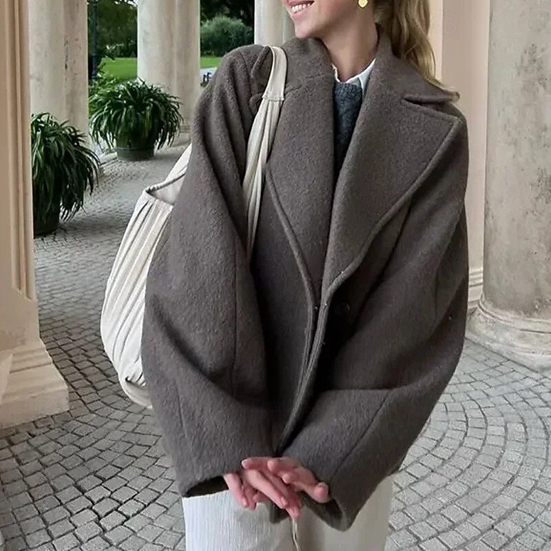 Women's Fleece Jacket Pea Coat Warm Comfortable Buttons Casual Plain Vacation Going out Weekend Regular Turndown Regular Fit Long Sleeve Outerwear Gray Fall Winter