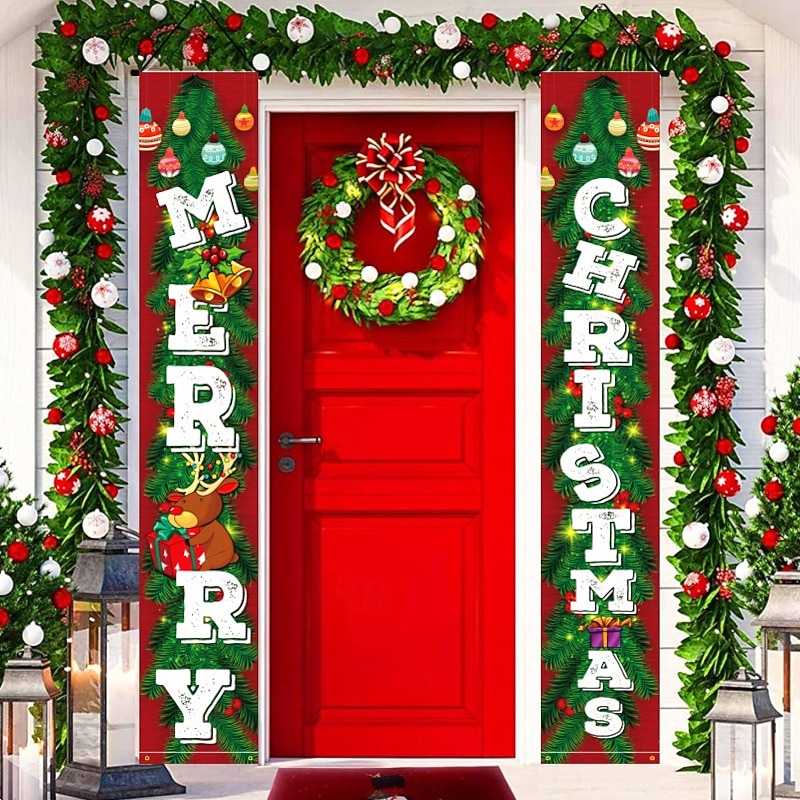 Christmas Door Banner Decorations, New Themed Hanging Door Couplets, Holiday Party Decor Door Curtain for Home Indoor Outdoor